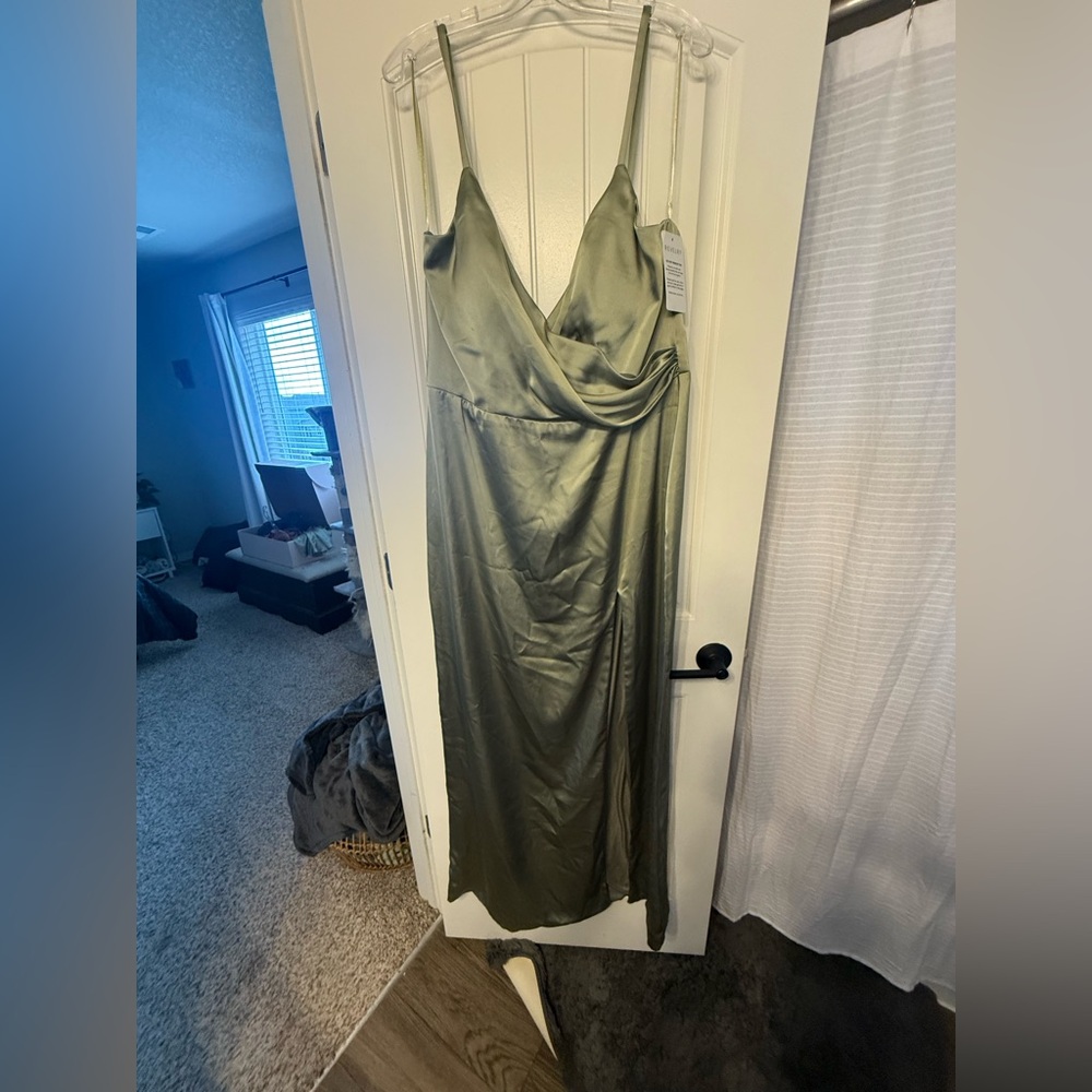 Revelry Rava Satin Dress in Silver Sage, Regular Maxi Length